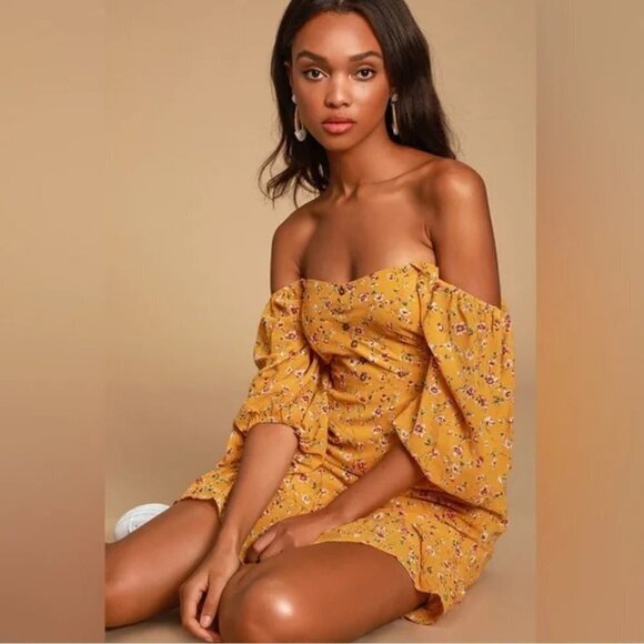 Lulus Trixiebelle Mustard Yellow Floral Print Ballon Sleeve Ruffle Dress Size S - Picture 2 of 16